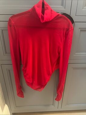 Red Sheer Long-Sleeve Turtleneck Top